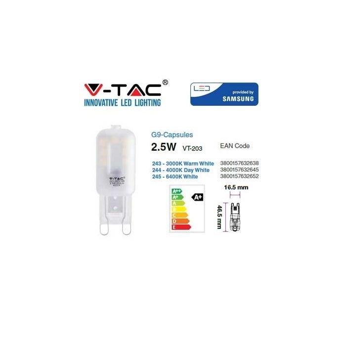 V-TAC PRO VT-203 2,5W LED Bulb Chip Samsung SMD G9 cold white 6400K - SKU 245