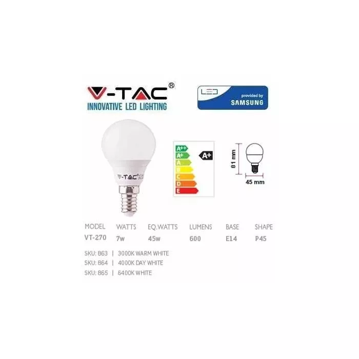 V-TAC VT-270 7W LED Bulb chip Samsung smd E14 P45 warm white 3000K - SKU 863