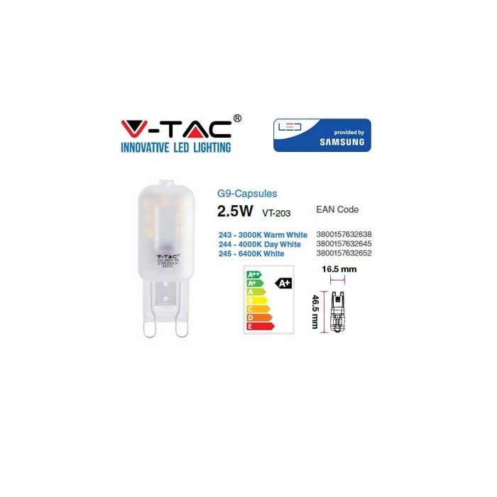 V-TAC PRO VT-203 2,5W LED Bulb Chip Samsung SMD G9 Warm White 3000K - SKU 243
