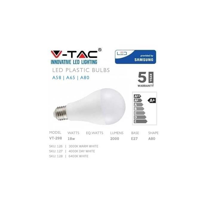 V-TAC PRO VT-298 18W LED Bulb Chip Samsung SMD A80 E27 day white 4000K - SKU 127
