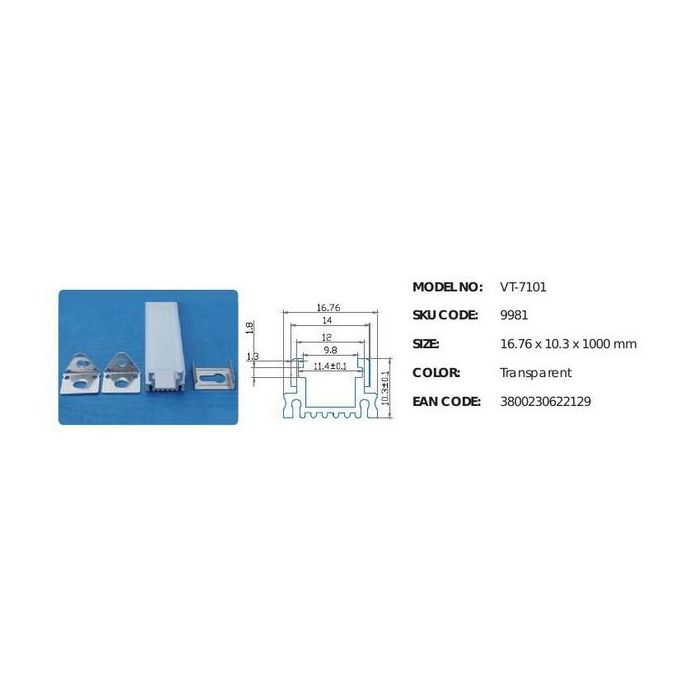 Aluminum Profile 1MT Narrow Flat Cap Transparant Mod. VT-7101