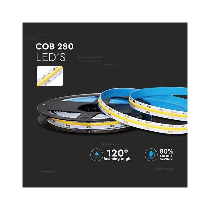 V-TAC VT-280 24V strip led COB 280LEDs/m 5M cold white 6400K CRI>80 IP20 - SKU 2654