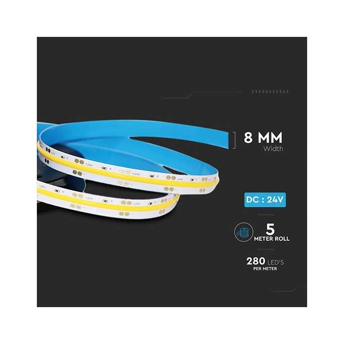 V-TAC VT-280 24V strip led COB 280LEDs/m 5M cold white 6400K CRI>80 IP20 - SKU 2654