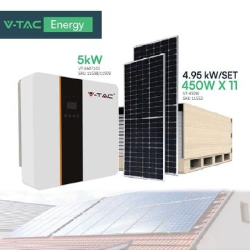 V-TAC Kit solare fotovoltaico monofase 5Kw con 11 pannelli solari da 450W - inverter INVT ibrido 5Kw CEI-021 100155