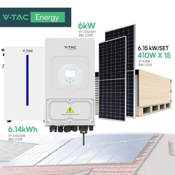 V-TAC Kit solare fotovoltaico monofase 6Kw con 15 pannelli slim da 410W - inverter Deye 6Kw e batteria accumulo 6.14Kwh CEI021