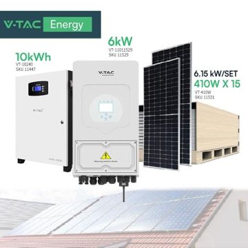 V-TAC Kit solare fotovoltaico monofase 6Kw con 15 pannelli slim da 410W - inverter Deye 6Kw e batteria accumulo 10.24 Kwh CEI-021 100170