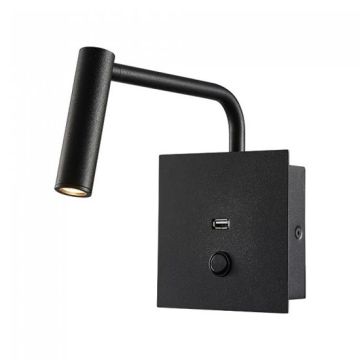 V-TAC PRO VT-2943 lampada da muro wall light led cob cree 3W 3000K corpo nero pulsante on/off + porta USB IP20 - sku 1487