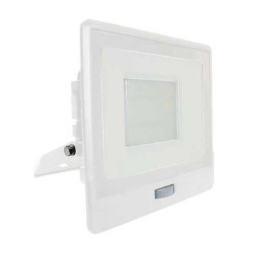 V-TAC VT-158S faro led 50W chip samsung con sensore di movimento PIR e crepuscolare bianco caldo 3000K slim alluminio bianco box derivazione IP65 - SKU 20277