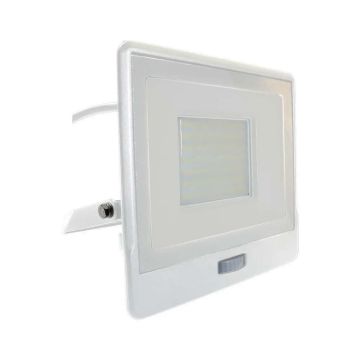 V-TAC VT-158S-1 faro led 50W chip samsung con sensore di movimento PIR e crepuscolare luce 6500K slim alluminio bianco IP65 - SKU 20303