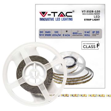 V-TAC VT-3528 Striscia led 600LED 3528 strip 5Mt 8W/mt luce bianco caldo 3000k 120led/mt IP20 sku 212025