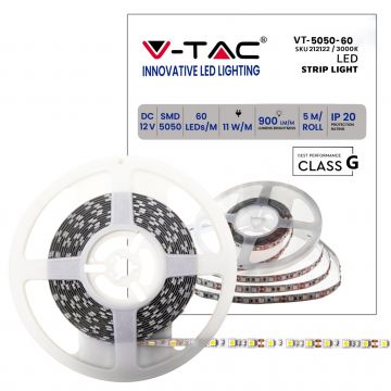 V-TAC VT-5050 Striscia 300LED strip led 12V SMD5050 5M 11W/mt IP20 bianco caldo 3000K - SKU 212122