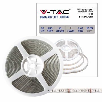 V-TAC VT-5050 Striscia LED 12V SMD5050 5M 7W/M 60LED/M 100LM/W multicolore RGB Waterproof IP65 - SKU 212155