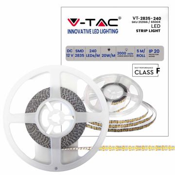 V-TAC VT-2835 Striscia led strip 240led/mt 20W/mt SMD2835 5Mt 2000lm/mt 12V Alta luminosità sku 212166 6400k