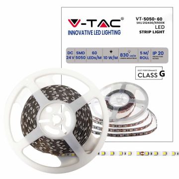 V-TAC VT-5050 Striscia 300LED strip 10W/mt 24V 90LM/W 5050 5M IP20 830lm/mt Bianco freddo 6400K - SKU 212430