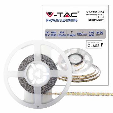 V-TAC VT- 2835 Striscia 204 LED/m SMD2835 strip led 5M 17W/mt luce bianco caldo 3000k IP20 sku 212461