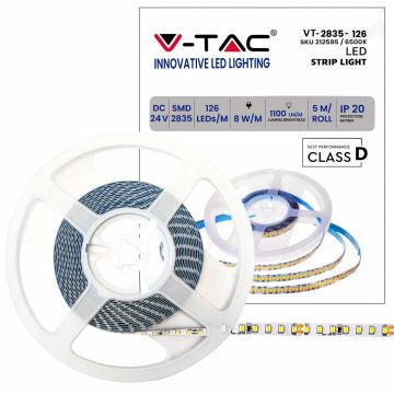 V-TAC VT-2835 Striscia 630LED 24V 8W/mt SMD2835 137lm/w 5Mt 6500K bianco freddo IP20 - SKU 212595