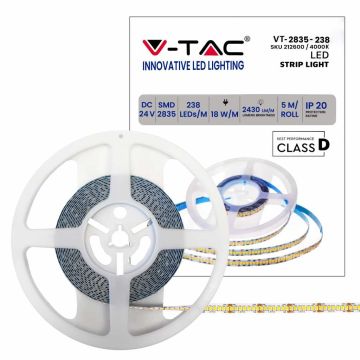 V-TAC VT-2835 Striscia 238led/m 24V 18W/m SMD2835 135lm/W 5M bianco naturale 4000K IP20- SKU 212600