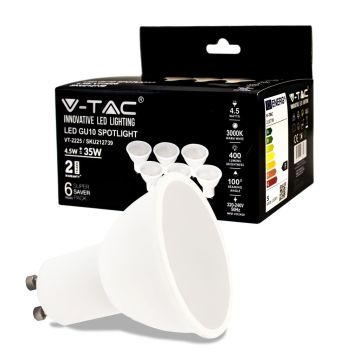 V-TAC VT-2225 Lampadina led faretto 4.5W SMD GU10 bianco caldo 3000K copertura satinata box 6 pezzi - SKU 212739