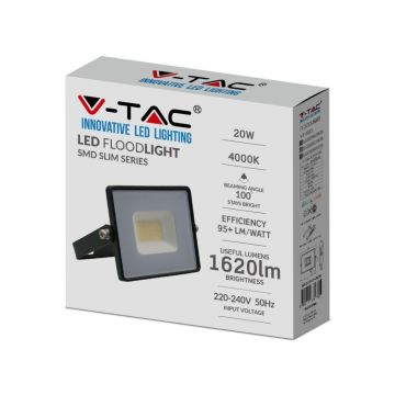 V-TAC VT-4021 Faro led smd 20W bianco naturale 4000K E-Series ultra slim nero 1620lm IP65 - sku 215947