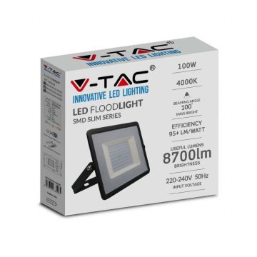 V-TAC VT-40101 Faro led smd 100W proiettore corpo nero - luce bianco naturale 4000K E-Series ultra slim IP65 - sku 215965