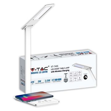 V-TAC VT-7405 Lampada da tavolo LED 4W touch color change 3in1 dimmerabile con base ricarica wireless corpo bianco - SKU 218601