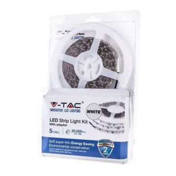 V-TAC VT-3528-60 Kit striscia led SMD3528 5M 3,6W/M 12V monocolore bianco naturale 4000K IP20 + alimentatore + connettore alimentazione - sku 2351