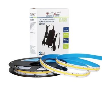 V-TAC Kit striscia LED 24V COB 5M monocolore bianco caldo 3000K IP20 + alimentatore - SKU 2673