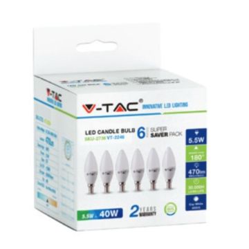 KIT Super Saver Pack V-TAC VT-2246 6PCS/PACK Lampadine LED candela SMD 5,5W E14 bianco naturale 4000K - SKU 2737