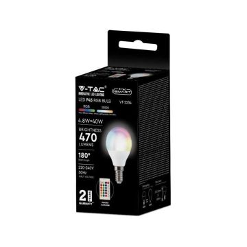 V-TAC SMART VT-2234 lampadina LED E14 4.8W P45 RF RGB+W dimmerabile bianco caldo 3000K con telecomando - sku 2766