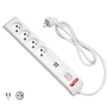 Multipresa FIDO 4 prese francesi std. 2P+E 16A + 2 prese USB 2,1A con interruttore luminoso antibatterica by Biocote contro il 99% dei virus Fanton 4201502FRAB