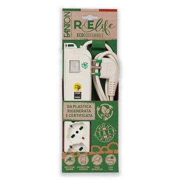 Multipresa OMEGA ECO 3 prese schuko bipasso 2P+T 16A + 2 prese USB-A 5V 3A spina italiana 2P+T 16A cavo 1.5m con interruttore luminoso Fanton 47450ECO