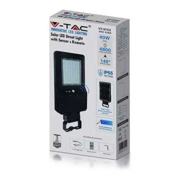 V-TAC VT-ST42 armatura stradale led 40W con pannello solare 120LM/W sensore di movimento PIR e telecomando 4000K IP65 - sku 5503