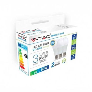 KIT Super Saver Pack V-TAC 3PCS/PACK Lampadine LED SMD A60 9W E27 VT-1900 - SKU 7241 bianco naturale 4000K