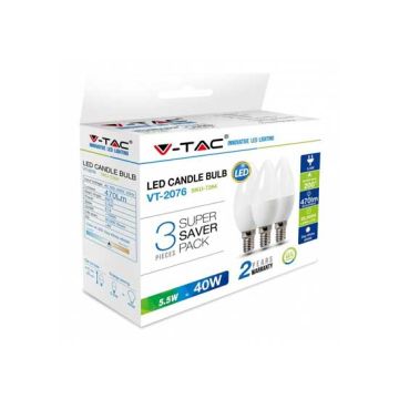 KIT Super Saver Pack V-TAC 3PCS/PACK Lampadine LED Candela 5.5W E14 VT-2076 - SKU 7264 Bianco Naturale 4000K