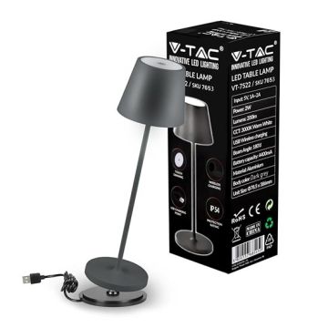 V-TAC VT-7522 Lampada da tavolo poldina LED 2W bianco caldo 3000K con batteria 4400mA Wireless Charging pulsante ON/OFF dimmerabile touch colore grigio IP54 - SKU 7653