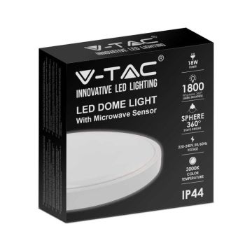 V-TAC VT-8618S-W-RD Plafoniera led 18W sensore di movimento microonde integrato IP44 rotonda bianca 360° 4000K - sku 7660