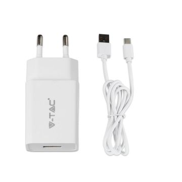 V-TAC VT-5382 caricabatteria USB ricarica rapida 18W 3A e cavo USB Type-C colore bianco - sku 8643