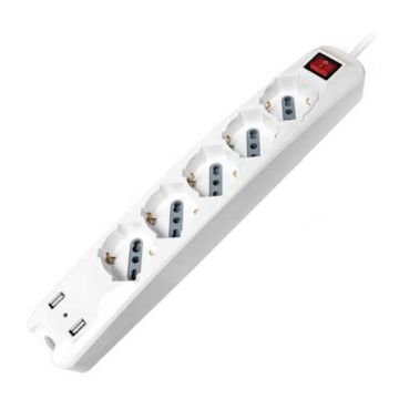 V-TAC Multipresa ciabatta 5 posti bipasso/schuko presa tedesca 10/16A + 2 prese USB cavo 1,5mt interruttore luminoso - sku 8715