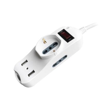 V-TAC Multipresa ciabatta 3 posti bipasso/schuko presa tedesca e prese/bipasso standard italiano + 2 prese USB con protezione - sku 8745