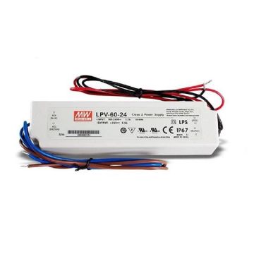 Alimentatore switching 60W 24Vdc 2.5A singola uscita custodia Waterproof IP67 Mean Well LPV-60-24